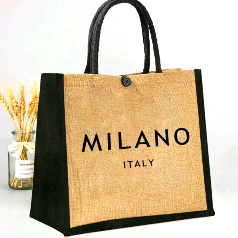 Khaki Tan & Black Block Lettering Woven Totebag